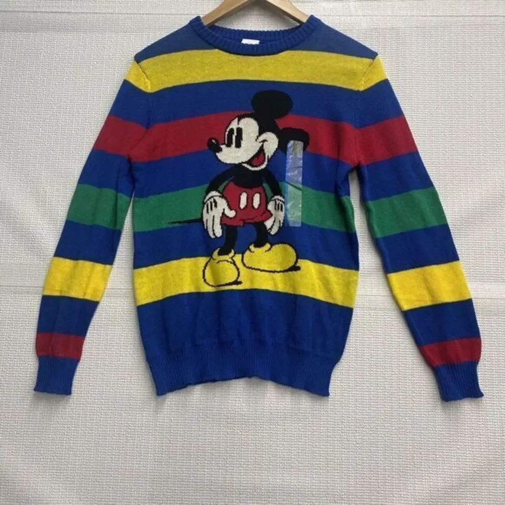 Disney 100 Mickey Mouse Multi Color Striped Knit Sweater Youth Kids‎ L  Pullover